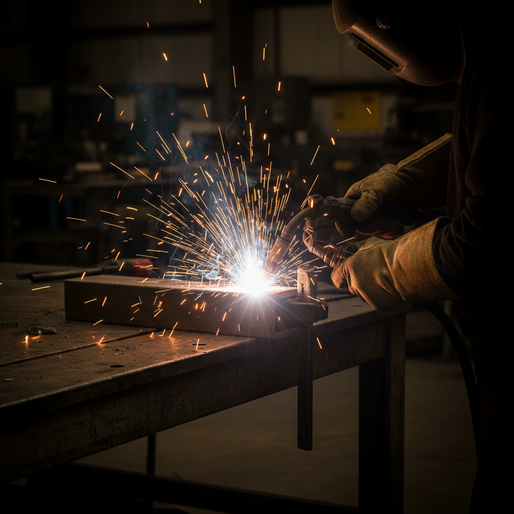 Welding arc mid-strike with cascading sparks — dramatic warm lighting against a dark shop interior
