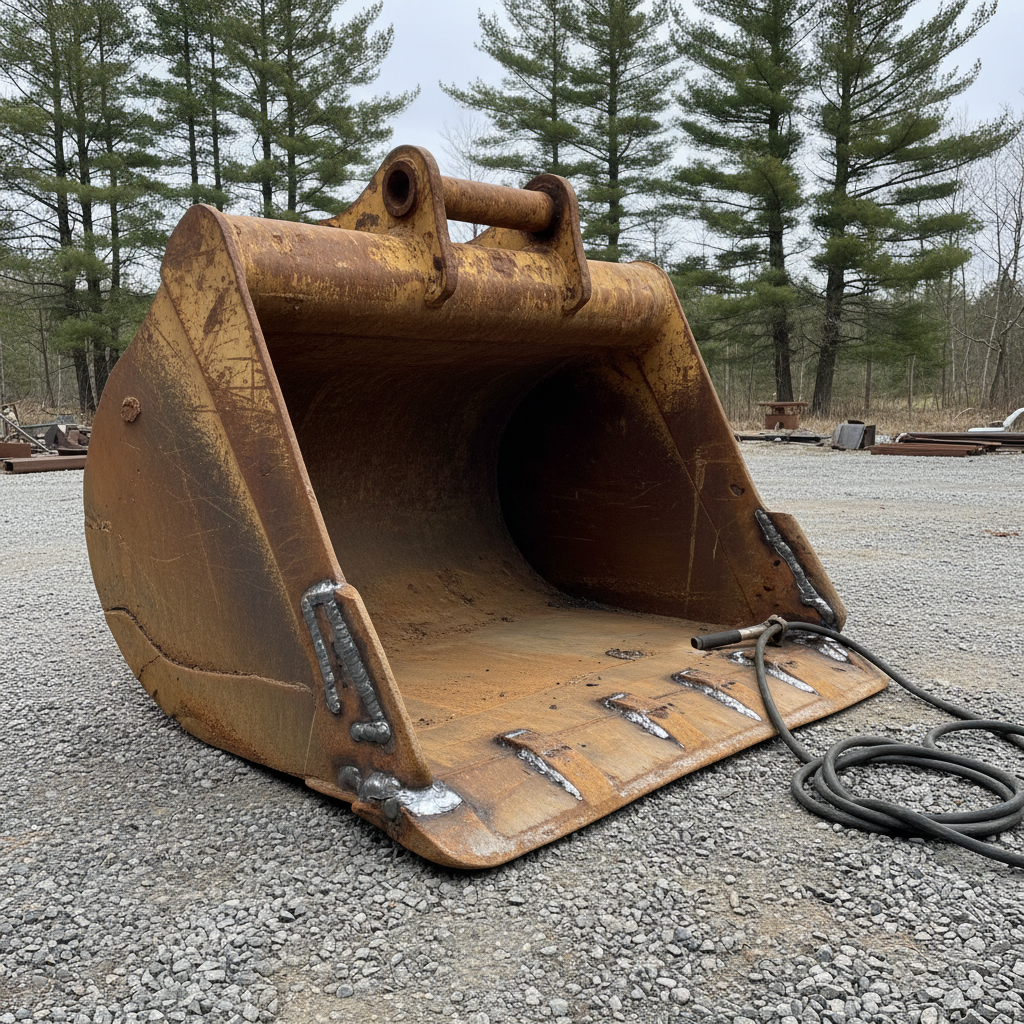 Stick weld repairs on an excavator bucket cutting edge