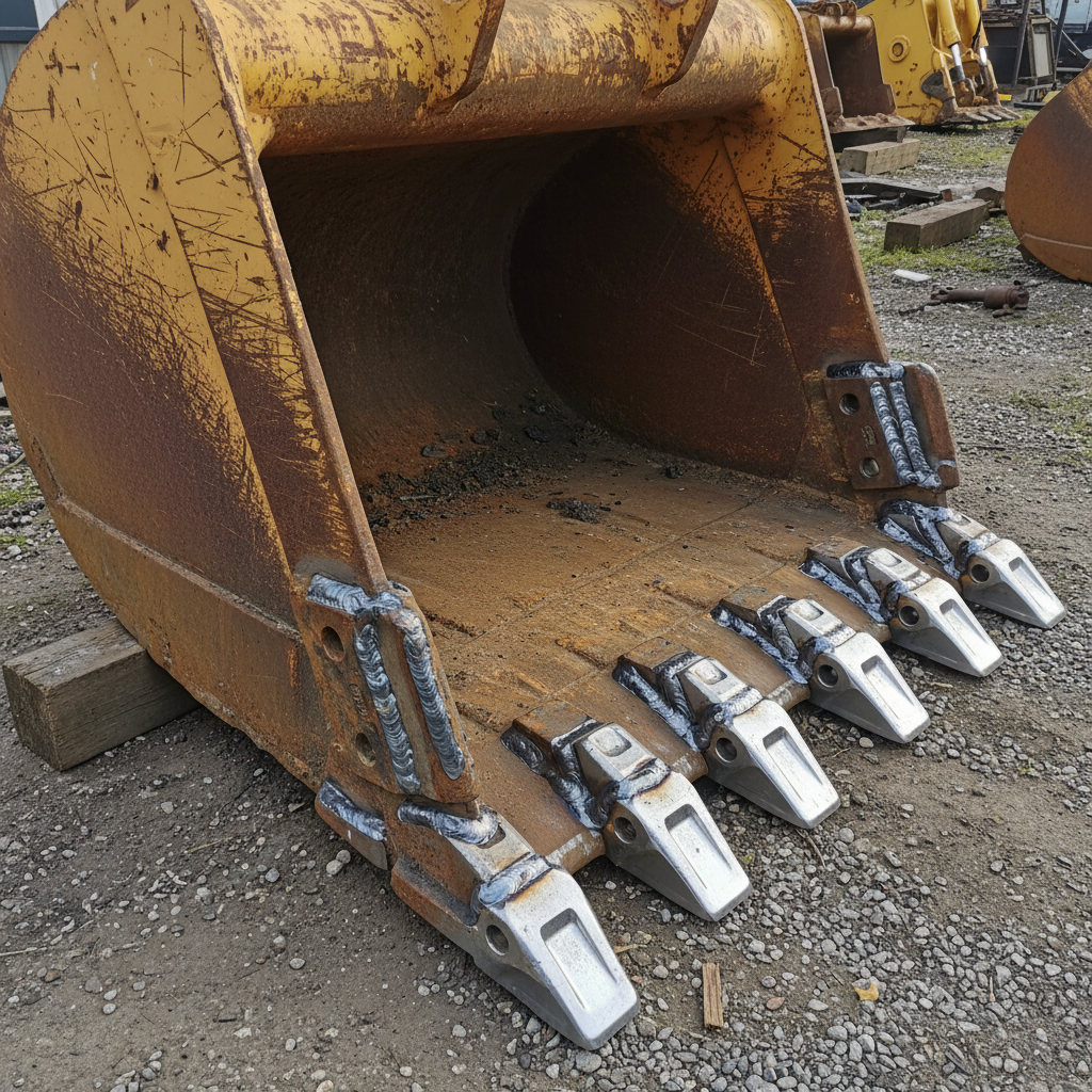 Freshly welded replacement teeth on an excavator bucket