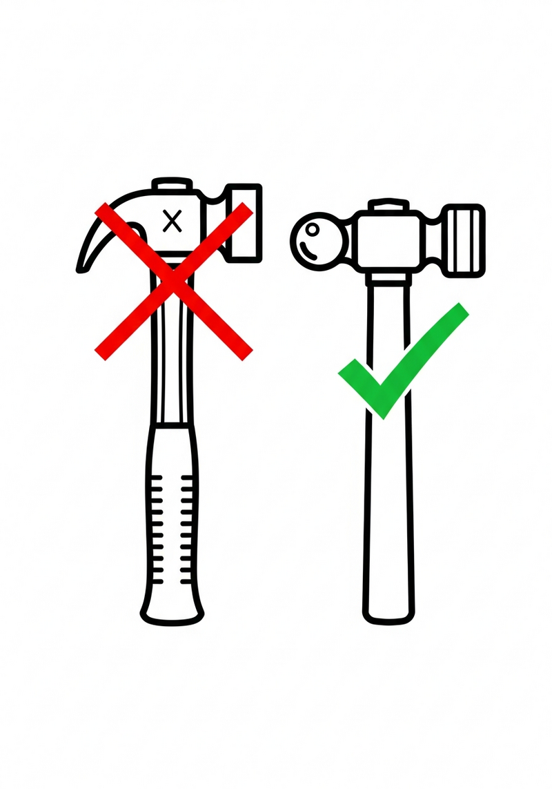 Framing hammer marked with a red X, ball-peen hammer marked with a green check — framing hammers should not touch metal