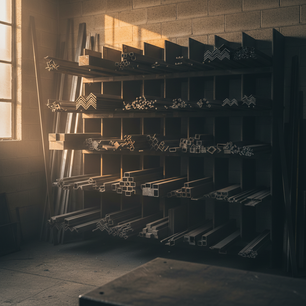 Organized steel stock rack in the West Gardiner Welding shop — angle iron, square tube, and flat bar in warm morning light